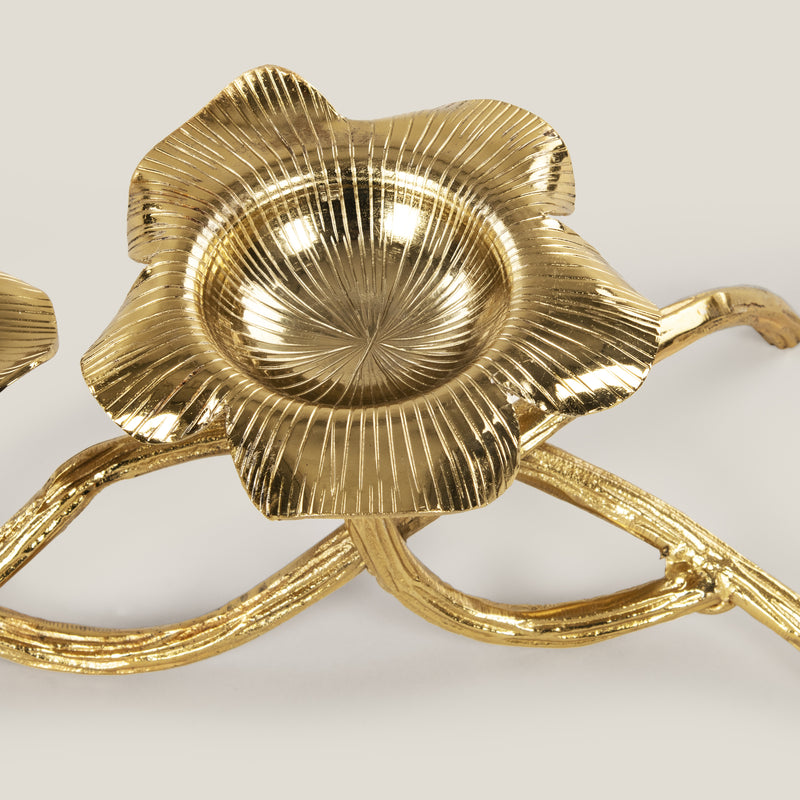 Double Floral Gold Aluminium Candle Holder