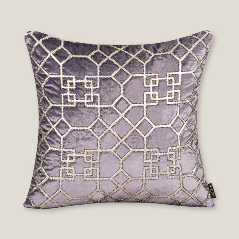 Trellis Purple Silver Foil & Hand hand Emb. Velvet Cushion Cover