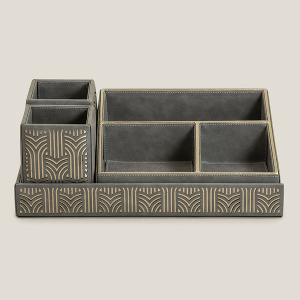 Sicily Grey & Gold Faux Leather Desk Set of 4