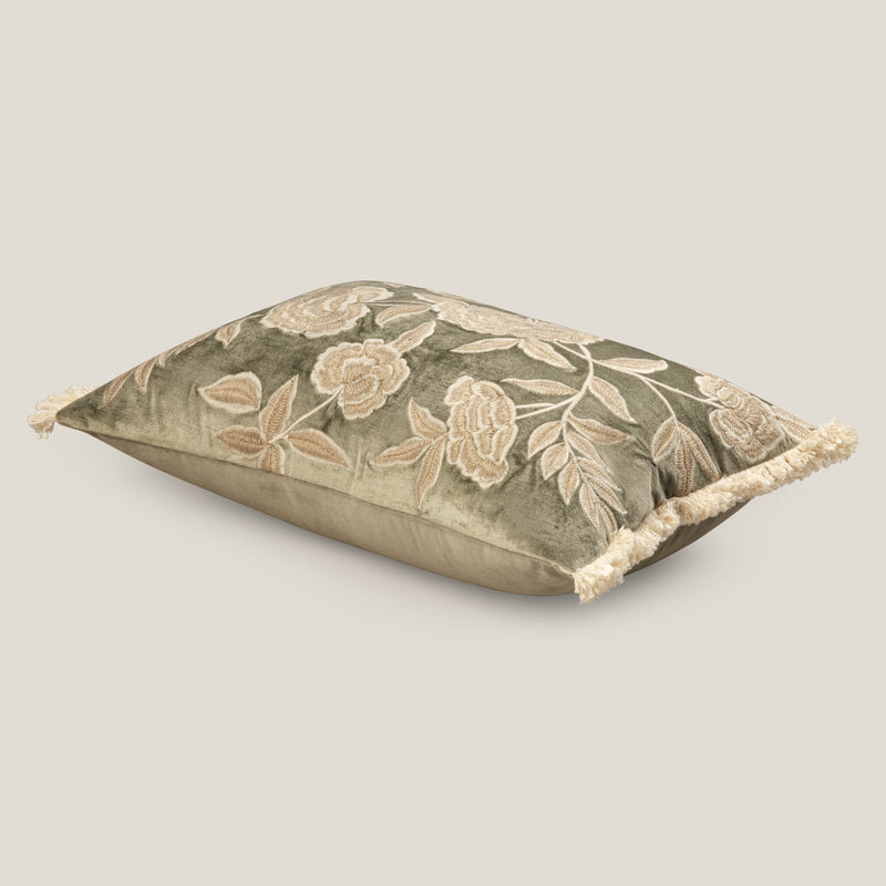 Floral Embroidered Green Cushion Cover