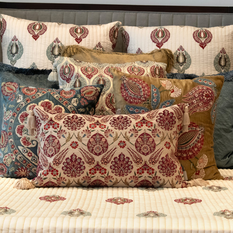 Lavani Off White & Burgundy Emb. Cushion Cover