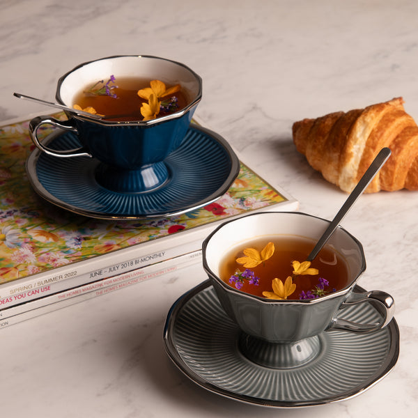 Serene Blue & Grey Cup & Saucer Set of 2