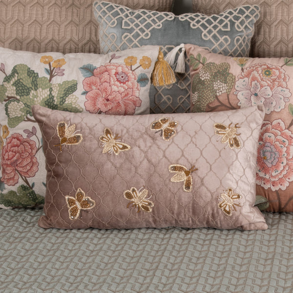 Paeonia Beige Beaded Cushion Cover
