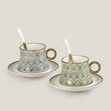 Chevron Blue & Green Ceramic Cup Saucer Set of 2