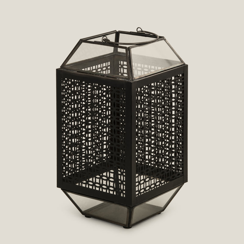 Etched Black Glass & Metal Lantern