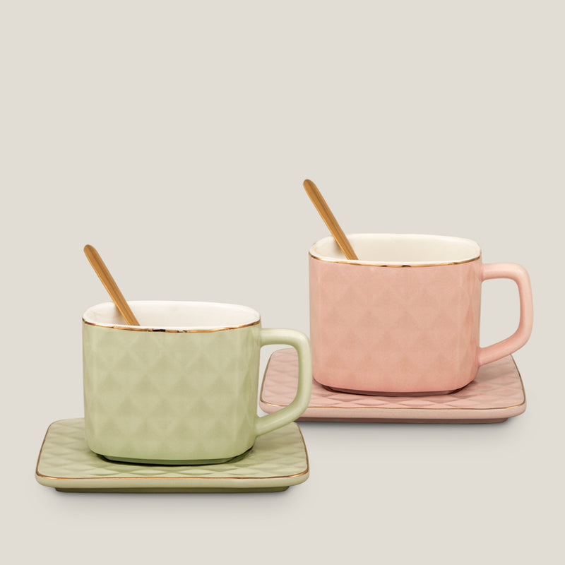 Prism Pink & Green Ceramic Cup Saucer Set
